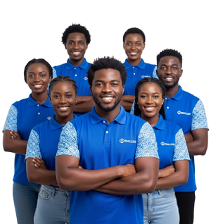 Melcom colleagues wearing blue uniforms